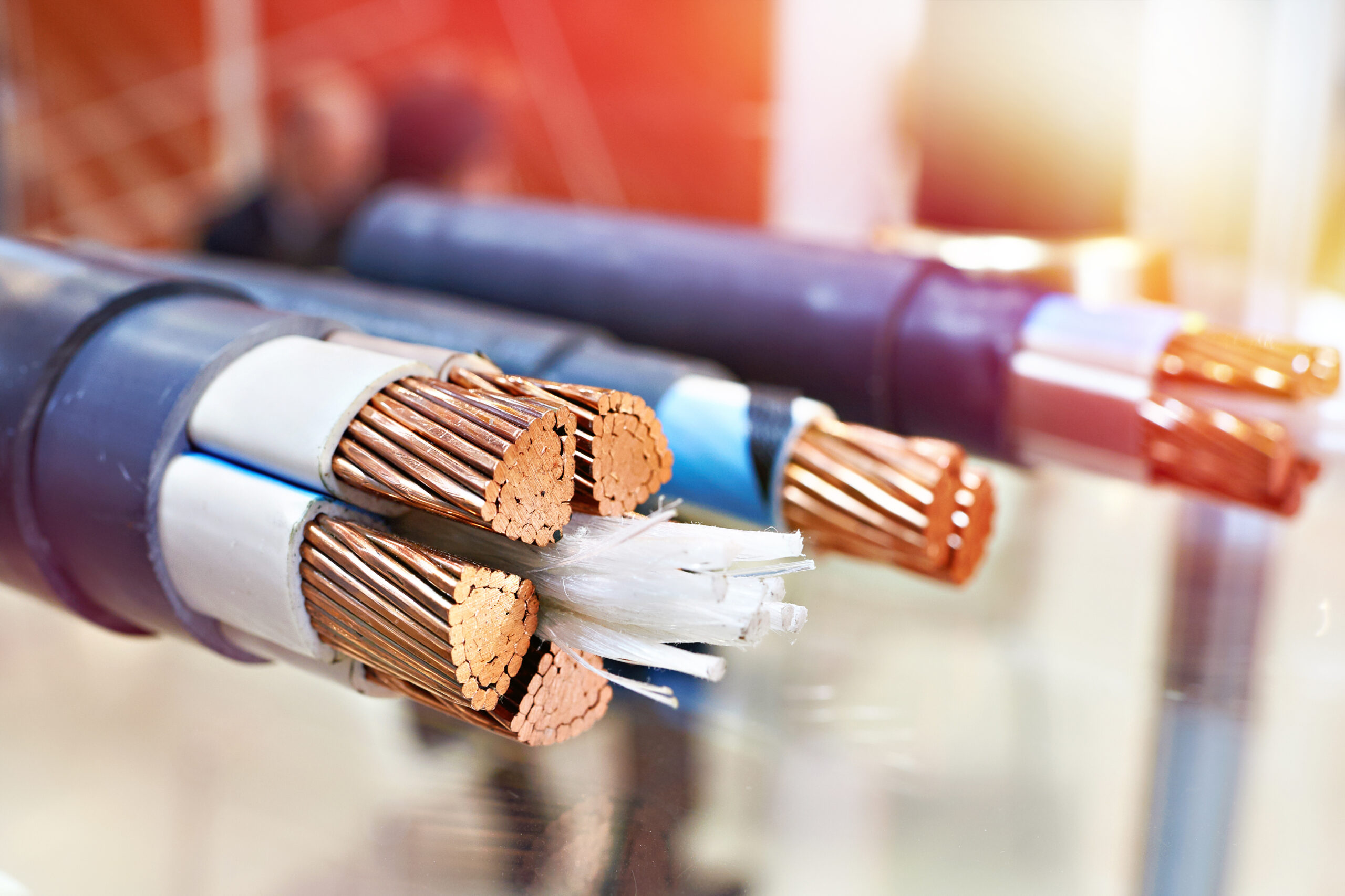 Large copper power cable in section closeup